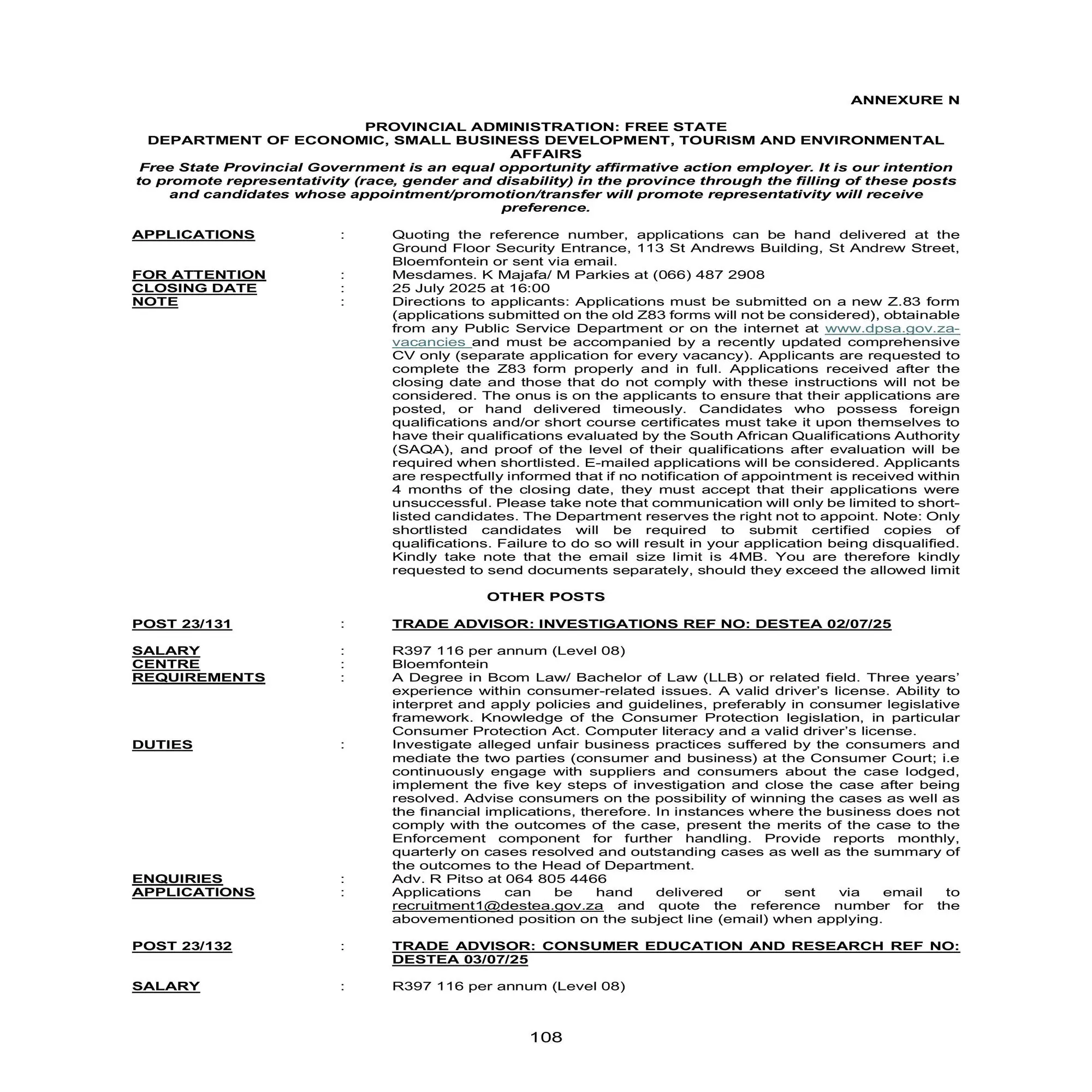 Free State DPSA Vacancies Circular