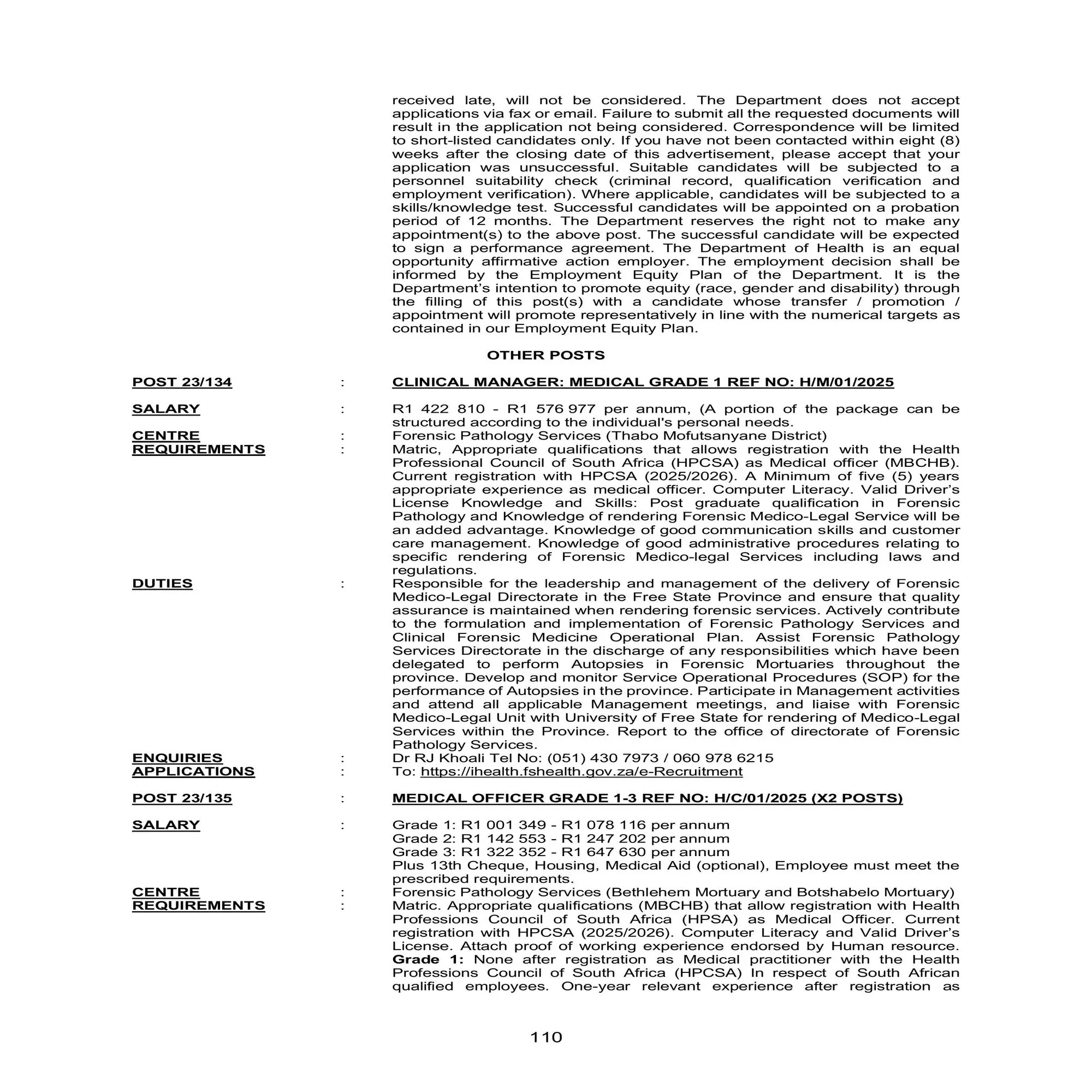 Free State DPSA Vacancies Circular 