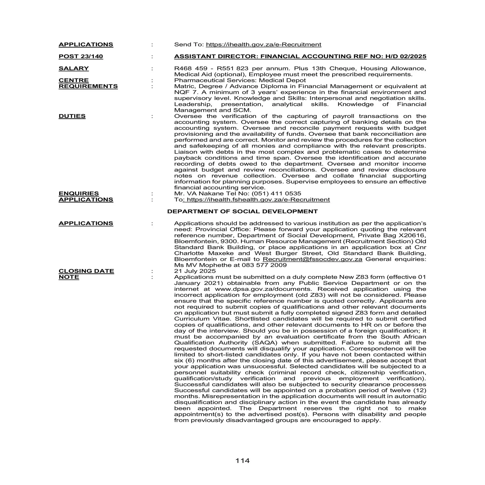 Free State DPSA Vacancies Circular 