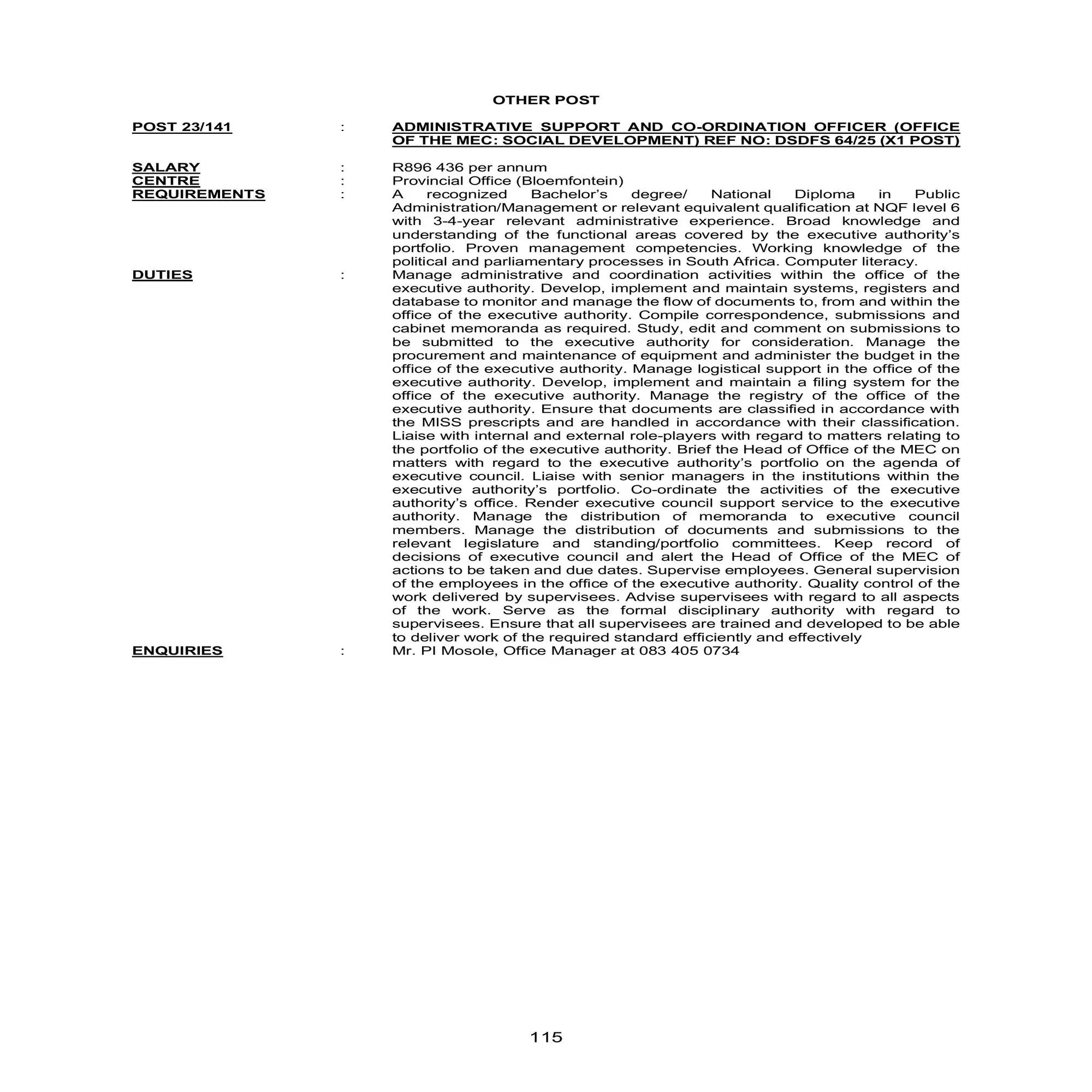 Free State DPSA Vacancies Circular 