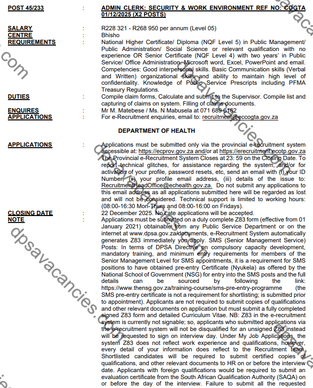 DPSA Admin Clerk Vacancies Eastern Cape Security & Work Environment