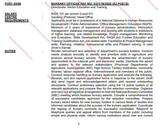 DPSA Bursary Officer vacancies 2026