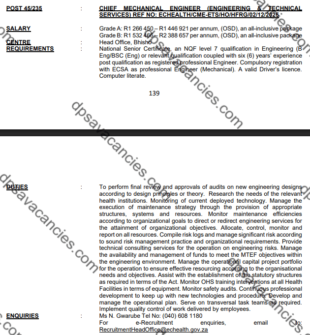 DPSA Chief Engineering Technical Services Vacancies