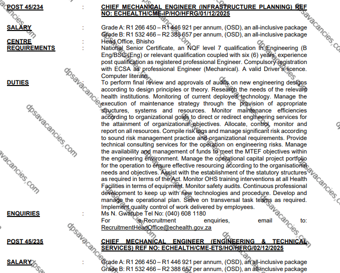 DPSA Chief Mechanical Engineer Vacancies