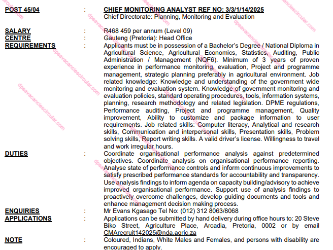 DPSA Chief Monitoring Analyst Vacancies