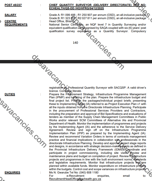 DPSA Chief Quantity Surveyor Vacancies