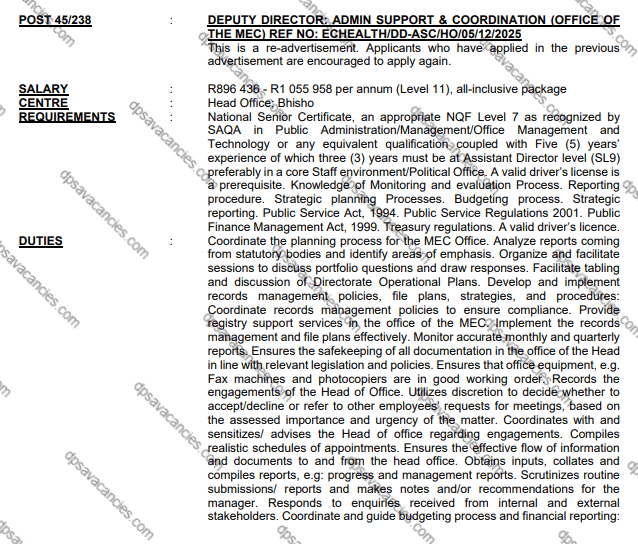 DPSA Deputy Director Admin Support vacancies