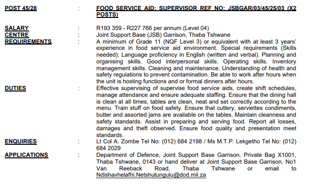 DPSA FOOD SERVICE AID Vacancies