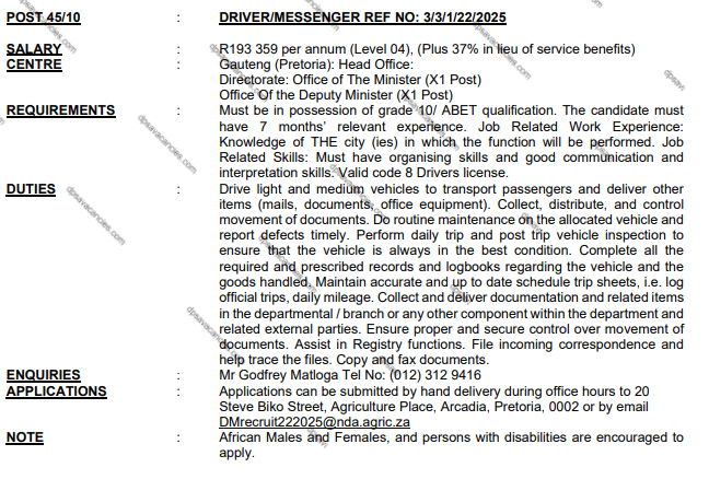 DPSA Messenger Vacancies DPSA Messenger Vacancies