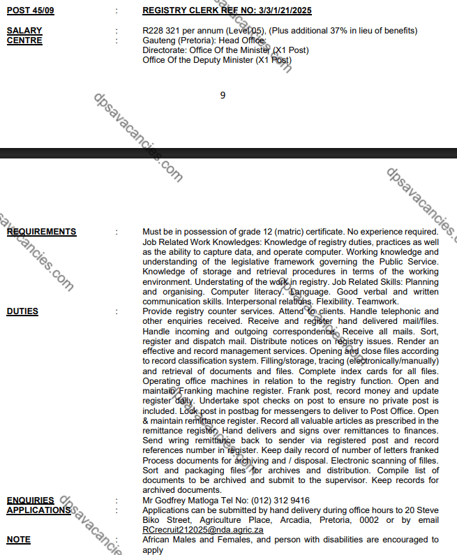 DPSA Registry Clerk Vacancies