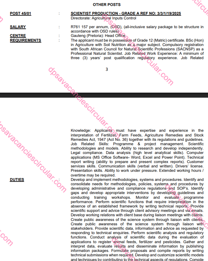 DPSA Scientist Production Agriculture Department Vacancies 2026