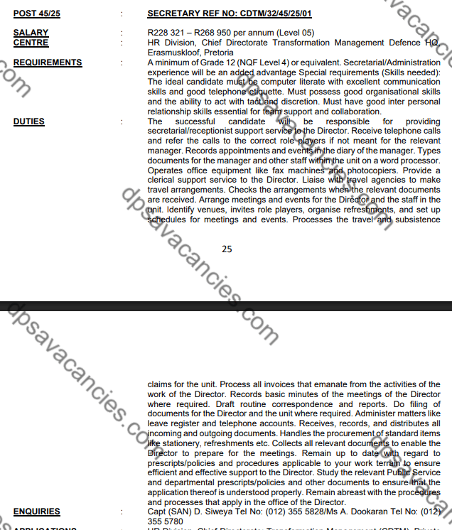 DPSA Secretary Vacancies 2026