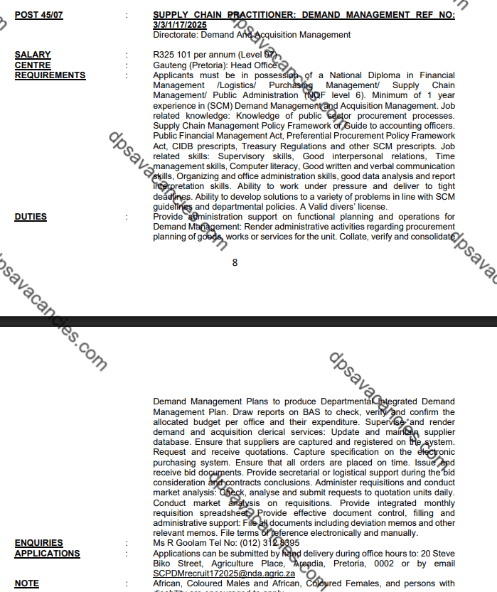 DPSA Supply Chain Practitioner Vacancies